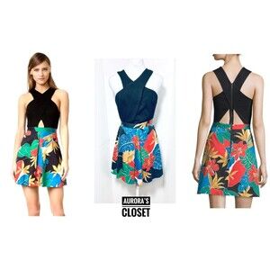 Alice & Olivia 6 Black Skater Dress Tropical Print Cross Strap Back Cut Out $582